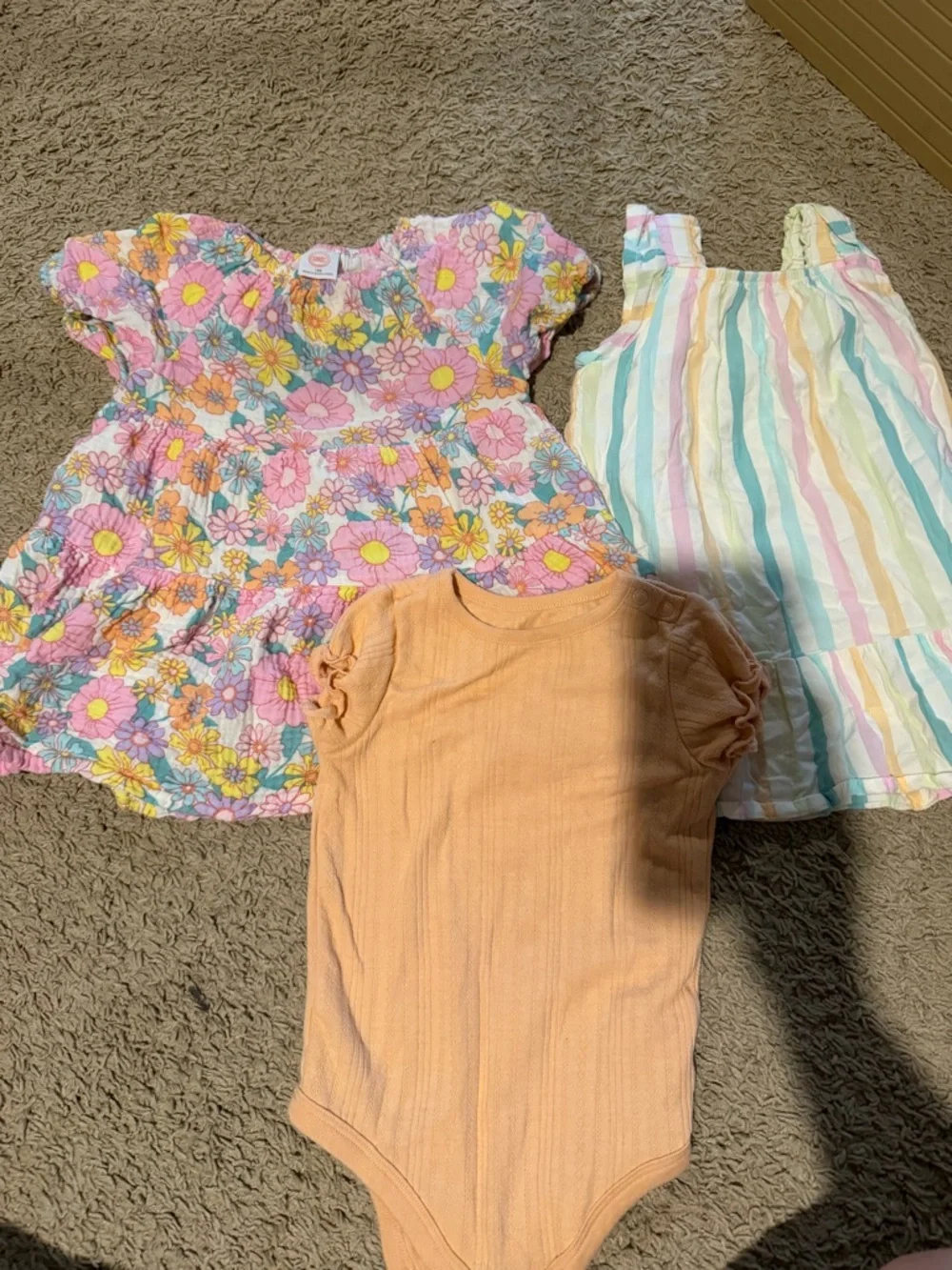 wonder nation Floral Pink Yellow Dress + Pastel Striped Dress + Peach Bodysuit - Picture 1 of 1